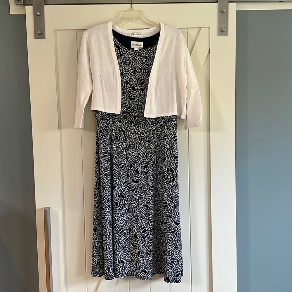 NorthStyle sleeveless dress with white cotton shrug. EUC